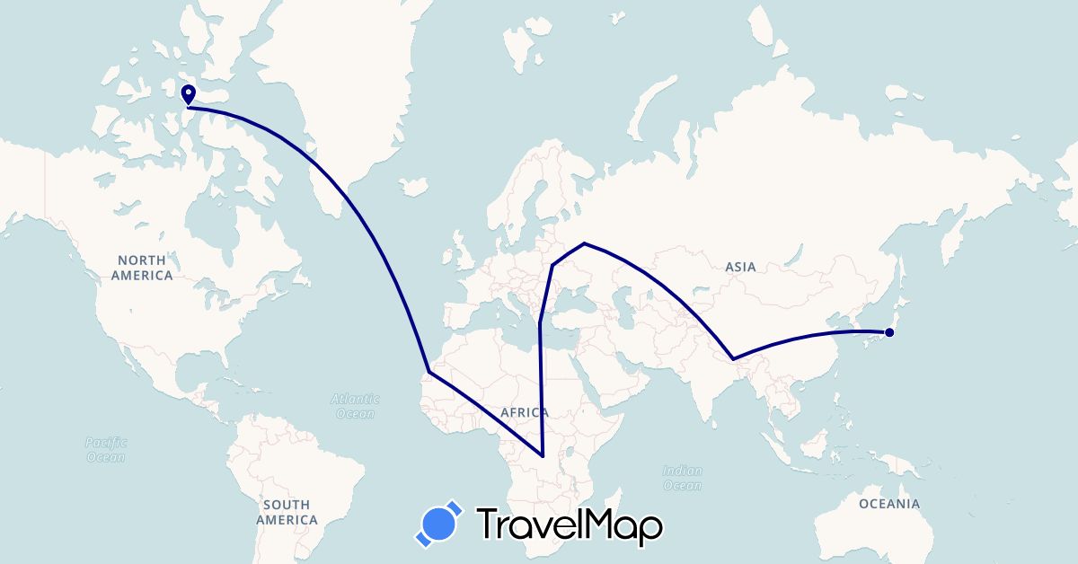 TravelMap itinerary: driving in Canada, Democratic Republic of the Congo, China, Greece, Japan, Morocco, Russia, Ukraine (Africa, Asia, Europe, North America)